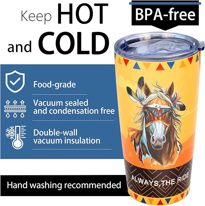 20oz Stainless Steel Double Vacuum Insulated Tumbler | Western Indian Tribe Horse Art, Leak-Proof Travel Mug Cup for Hot/Cold Drinks (5H Hot, 20H Cold)