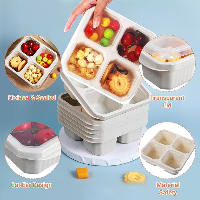 12 Pcs Reusable Bento Lunch Boxes 4 Compartment Snack Containers with Lids Wheat Straw Meal Prep Food Storage for Adults, Travel, Work (Beige)