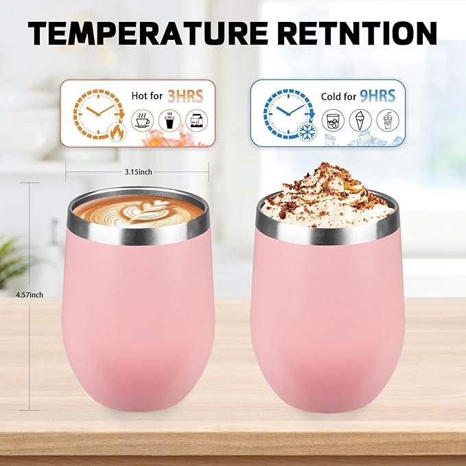 StarSpeed 12oz/8 Pack Wine Tumbler with lid, Stainless Steel Travel Mugs Stemless Double Wall Insulated Coffee Cup, Insulated Wine Glasses Travel Tumbler for Cold & Hot Drinks(Light Pink, 8)