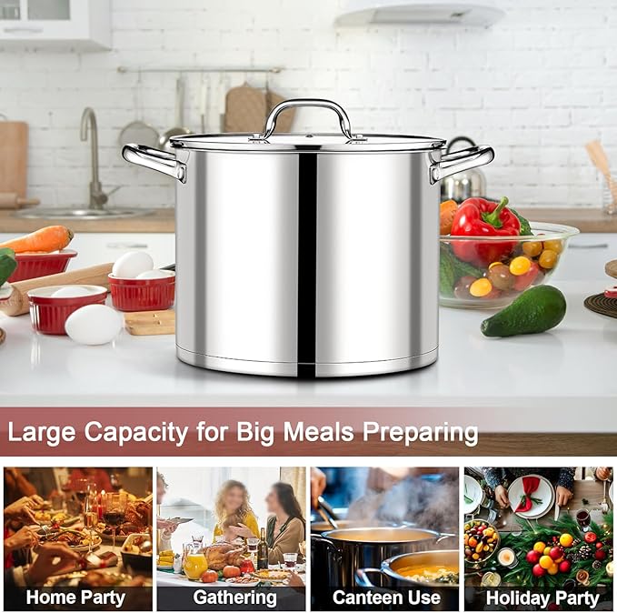 P&P CHEF 14 QT Stock Pot with Lid, Stainless Steel Large Cooking Pot, Soup Canning Stockpot for Stewing Simmering, Tri-ply Bottom for All Stoves, Heavy-Duty &Dishwasher Safe & Food-Grade
