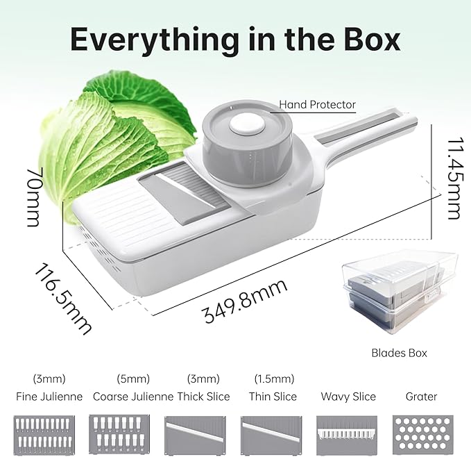 Mandoline Slicer for Kitchen with Drain Box, 6-in-1 Vegetable & Cucumber Slicer with Safety Guard, Extended Handle, Easy Clean Slice-Rinse-Store Design for Salad Prep & Daily Cooking
