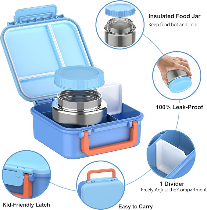 Bento Box for Kids with Soup Thermos(9oz)– Kid Bento Lunch Box with Leak Proof Insulated Food Jar, Hot & Cold Lunch Container Set for School Girls Boys, 4-Compartments, Dishwasher Safe, Blue