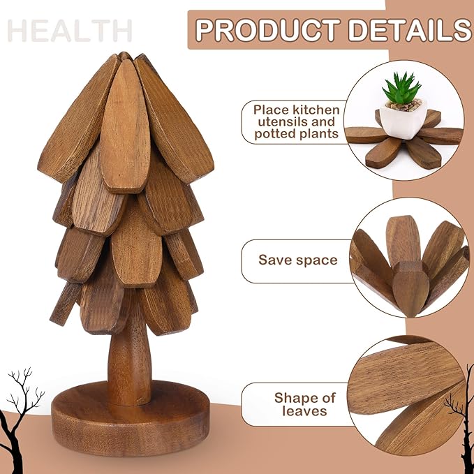 Wooden Christmas Tree Coaster Trivets Wood Trivets Set for Hot Dishes Set of 4 Christmas Tree Shape Foldable Wooden Coaster and 1 Stand Natural Trivet for Cups Plates Bowls Pots(Black Walnut Color)