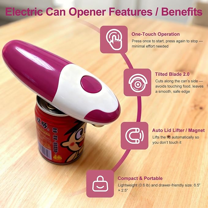 Electric Can Opener for Seniors & Arthritis - Automatic, Hands-Free, High Torque Kitchen Tool - Smooth Edge Safety Cut for Weak Hands Without Harm