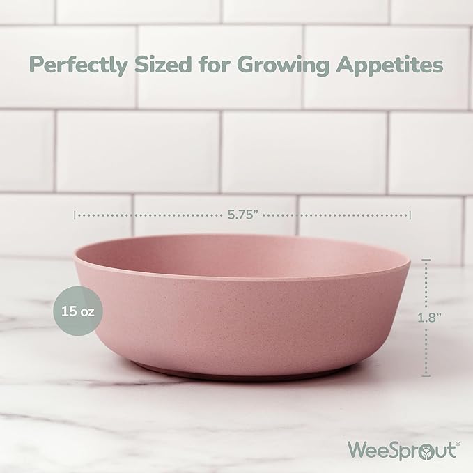 WeeSprout Bamboo Kids Bowls with Lids, Set of Four 15 oz Kid-Sized Bamboo Bowls, Bamboo Kid Bowls with Lids for Leftovers, Dishwasher Safe (Blue, Green, Gray, & Beige)