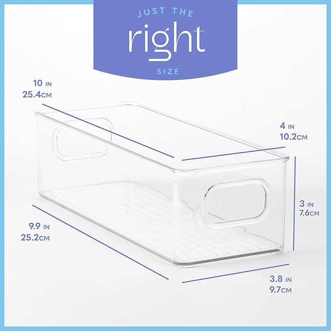 primebox Plastic Food Storage Clear Container 2 Pack Bin with Handles for Organizing Kitchen, Pantry, Refrigerator, Freezer, Pantry, Cabinet, Closet, Bathroom. Stackable 10”x4”x3”