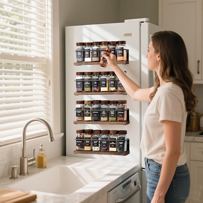 Wooden Lid Magnetic Spice Rack with 24 Jars, 216 Labels, 1 Steel Funnel for Refrigerator，Microwave Oven - Full Set of Spice Organizer