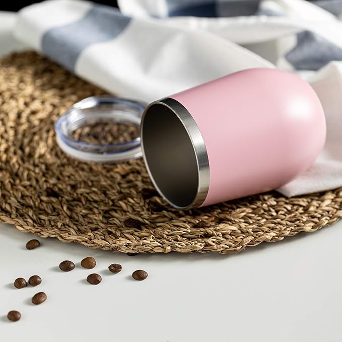 COMOOO Stainless Steel Wine Tumbler Glass Bulk with Lid and Straw 12oz Double Wall Vacuum Insulated Travel Tumbler Cup Stemless for Hot and Cold Drinks, Coffee, Wine, Cocktails, Pink, 8 Pack