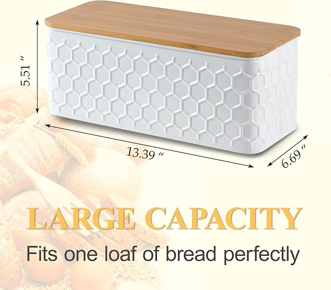 Large Bread Box for Kitchen Countertop Corner Breadbox for Homemade Bread Metal White Honeycomb Pattern Embossed Bread Storage Container Bin with Bamboo Lid