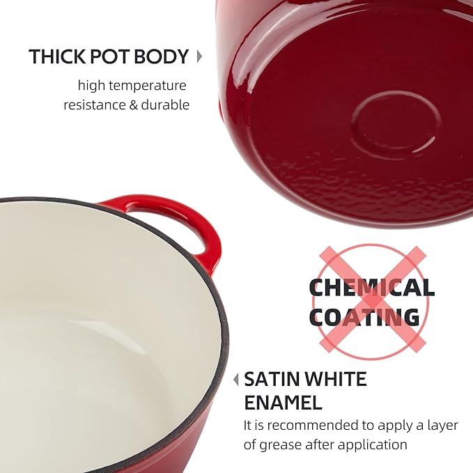 4.5 Quart Dutch Oven Enameled Cast Iron with Lid - Big Dual Handles - Oven Safe up to 500°F - Classic Round Pot for Versatile Cooking Red