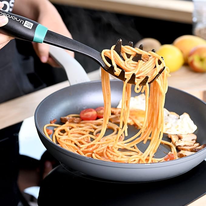 Linoroso Nylon Cooking Utensils Set, 7 Pieces Elevate Kitchen Utensil Set with Exquisite Rotating Stand, Innovative Weighted Handle, Easy to Clean, Black & Peacock Green (BPA Free, Non Toxic)