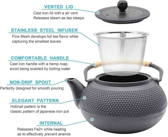 Hwagui - Large Cast Iron Teapot With Infuser For Varieties Of Loose Leaf Tea, Tea Bags, Black Tea Kettle Stovetop Safe 1200ml/41oz
