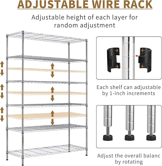 6 Tier Wire Shelving with Wheels, 2100lbs Storage Shelves Metal Shelves for Storage Rack, Adjustable Garage Shelf Heavy Duty Shelving Units Pantry Shelf Kitchen, (48"X18"X82", Chrome)