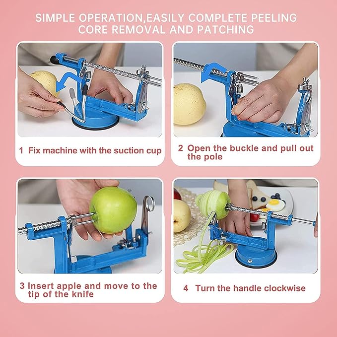 Apple Peeler, Slicer Corer Potato Peelers 3 In 1, Stainless Steel Heavy Duty with Suction Cup Base (Blue)