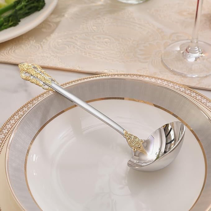 KEAWELL Premium 7.5 inch Luxury Gravy Ladle, 18/10 Stainless Steel, Small Gravy Spoon for Home. Solid and Sturdy, Dishwasher Safe. (1, Gold Accent)