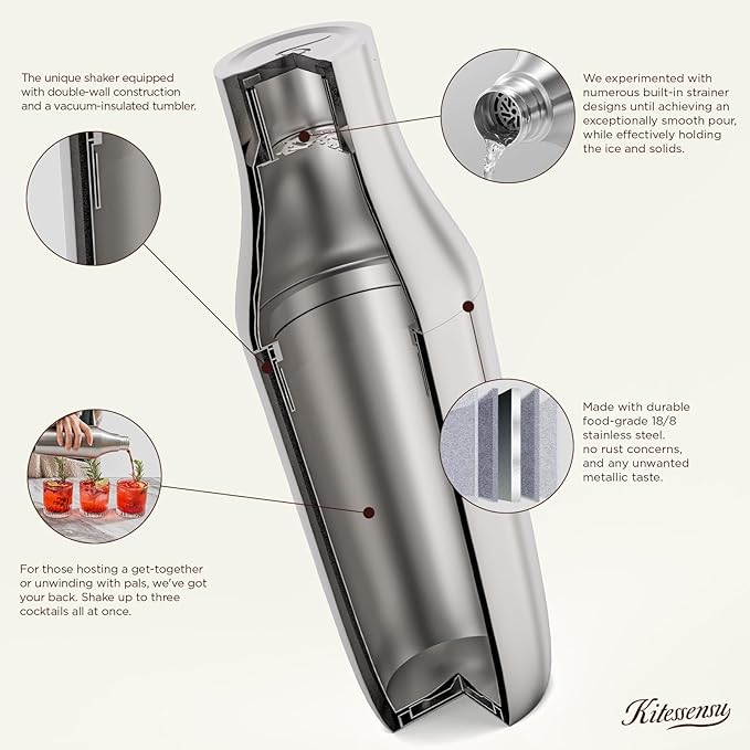 Kitessensu Hybrid Cocktail Shaker | Vacuum Insulated Stainless Steel Martini Shaker with Double Wall Martini Cup | Integrated Measuring System | Tumbler Lid & Cocktail Recipes Included | Orchid
