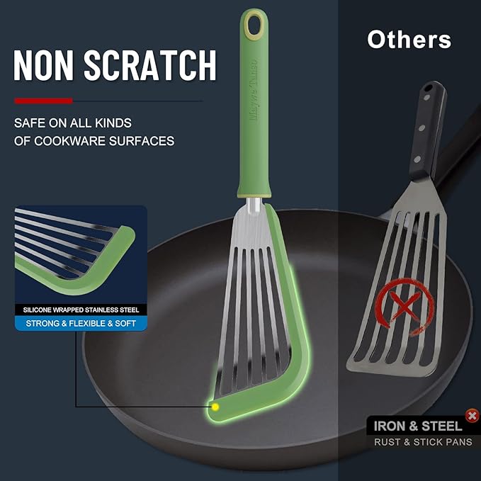 Fish Spatula,600℉ Heat Resistant Silicone Fish Spatula with Basting Brush,for Nonstick Cookware,Flexible Slotted Fishs Turner Spatulas,BPA Free,Dishwasher Safe(Green)