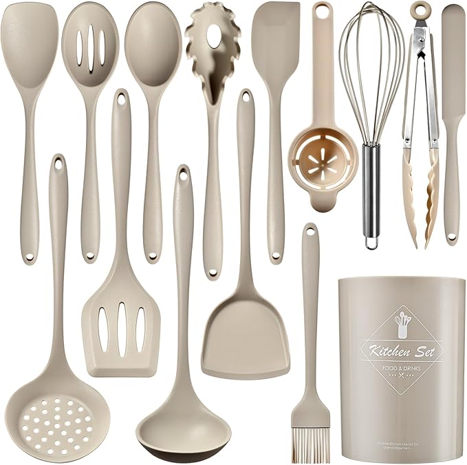 Silicone Kitchen Utensils Set - 15 Pieces Non Toxic Silicone Utensils Set For Cooking，428°F Heat Resistant Food Grade Kitchen Tools，Dishwasher Safe(Khaki, 15 Piece Set)