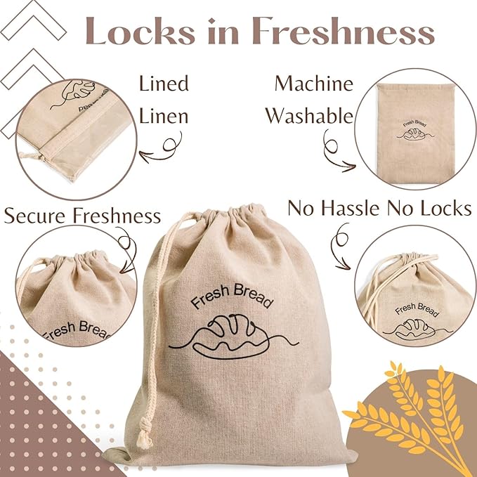 Simply H&K Reusable Linen Bread Bags for Homemade Bread [Pack of 3] - 12" x 15" - with Inner Lining - Sourdough Bags, Baking Gifts, & Baking Supplies for Home Bakers