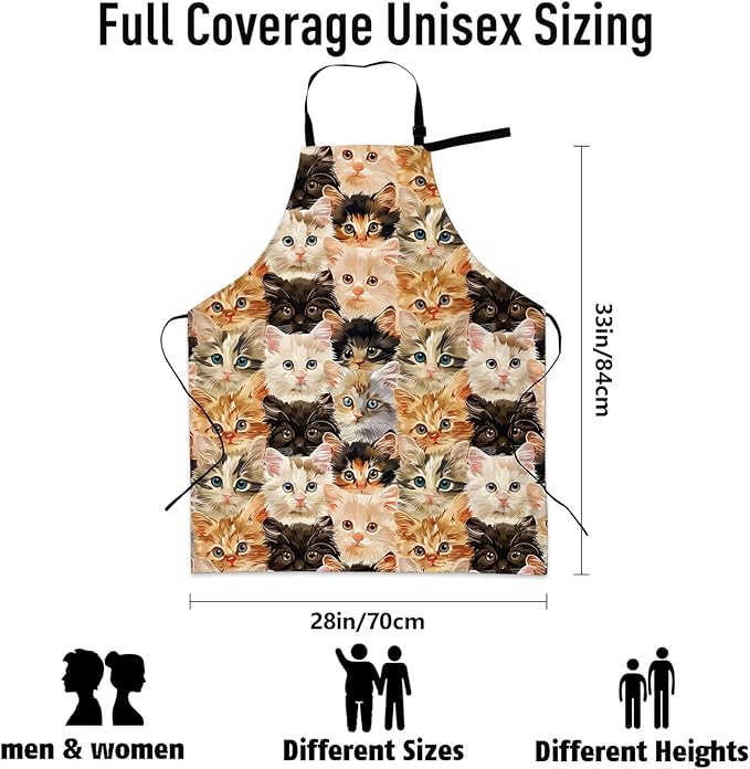 Adorable Kitten Apron, Kitchen Cooking Baking Adjustable Polyester Cute Cat Face Aprons for Women Men, with 2 Pockets, 28×33in, Ideal Gifts for Wife, for Chef Gardening Grilling Cleaning