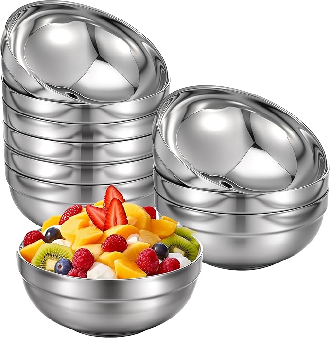 cobee 10 Pack 34 oz Stainless Steel Bowls, Double Stainless Steel Cereal Bowls Double Walled Insulated Soup Metal Serving Dishes for Serving Ice Cream Soup Rice Snack Cereal