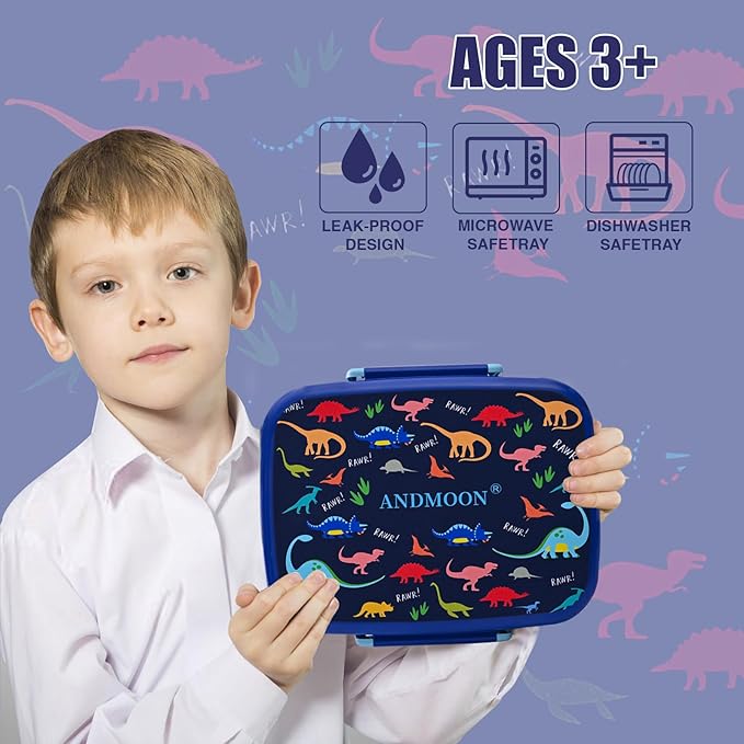 Bento Box for Kids Lunch Box Leak-Proof, Bento Lunch Box with 5 Compartments, Lunch Containers with 3 Silicone Baking Cups, Microwave/Dishwasher Safe (Blue Dinosaur/43OZ)