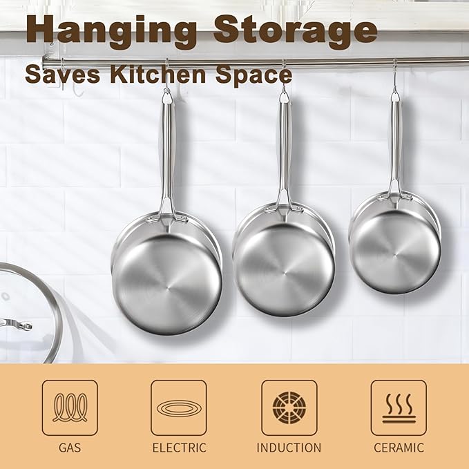 MOUTIUS 1QT+2QT+3.5QT With Steamer Handle Triple Stainless Steel Saucepan with Lid, Ramen Pot with Clear Glass Cover, Small Sauce Pan for Cooking Oatmeal, Dishwasher-Safe, Suitable for All Stoves