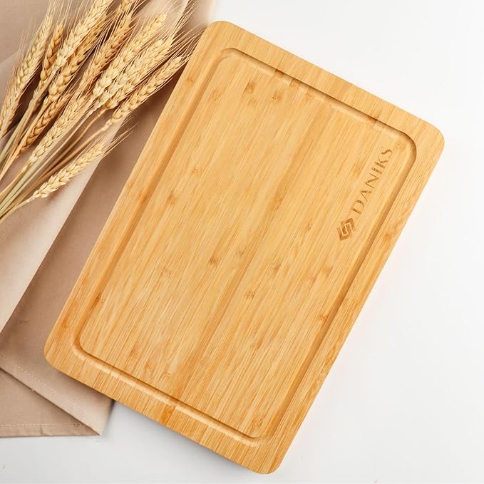 Daniks Bamboo Cutting Board, L 13x9 in, Pre‑Oiled, with Juice Groove – Cutting Board for Kitchen, Meal Prep, Serving & Charcuterie, Heavy-Duty