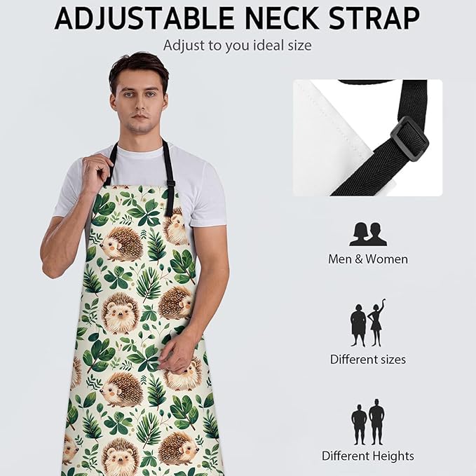 Funny Hedgehog Apron, Adjustable Kitchen Green Leaf Design Aprons with Pockets for Cooking BBQ Gardening, 28×33 IN, Holiday Gifts for Women Men Husband Wife, for Chef Baking, Oxford Fabric