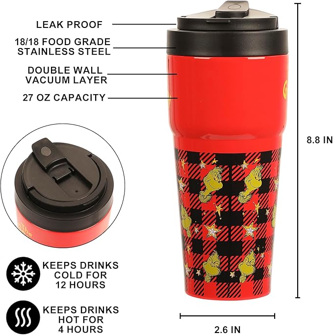 Bioworld The Grinch 27 Oz. Stainless Steel Travel Coffee Tumbler With Flip-Top Lid