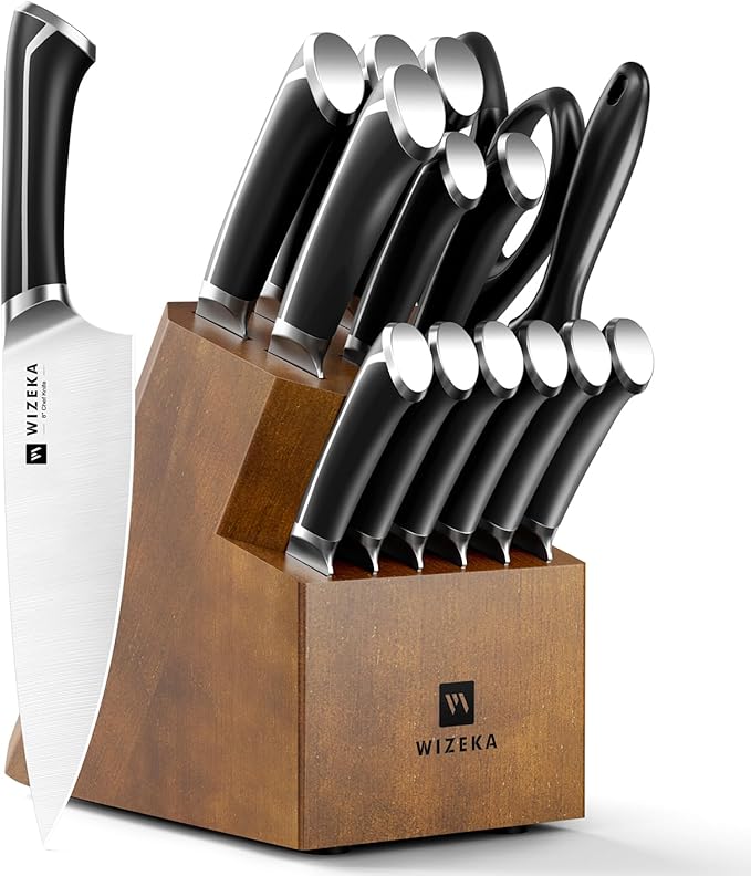 WIZEKA 15-Piece knife set, High Carbon Stainless Steel Kitchen Knife Set, Ultra Sharp Knife Block Set with Sharpener, Black, Crown Series