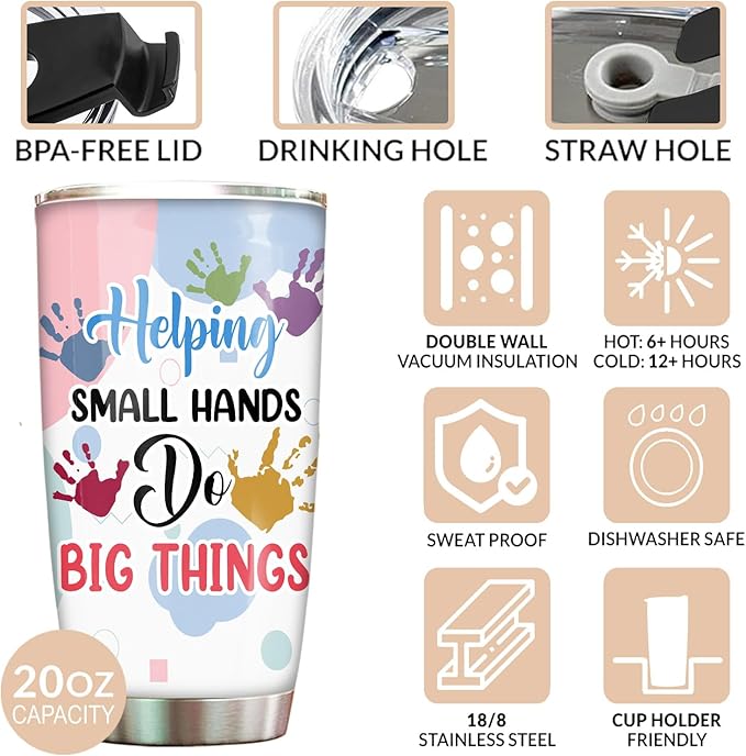 Occupational Therapist Tumbler Stainless Steel 20oz, Work Of Heart Help Small Hands OT Gift For Birthday Christmas, OT Gift For Women Men Staff Boss, World Occupational Therapy Day Tumbler Wrap