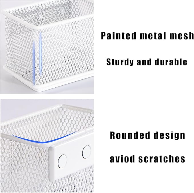 White Magnetic Basket, 2 Pack Wire Mesh Magnetic Refrigerate Organizer, Magnetic Pencil Holder for Whiteboard, Magnetic Shelf Desktop Storage, 3.42'' x 2.36'' x 2.55''