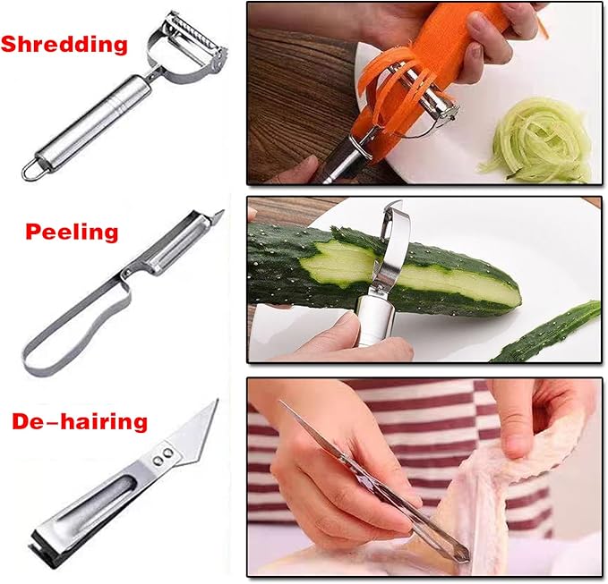 3-Piece Kitchen Peeler & Prep Set: Y Peeler, Straight Peeler & Poultry/Fish Tool with Non-Slip Comfort Handles for Peeling, Grating, De-Boning, De-Feathering Fruits, Vegetables, Potato, Chicken