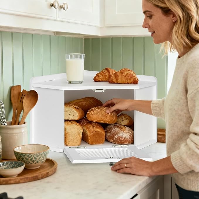 Corner Bread Box for Kitchen Countertop, Wooden Bread Storage for Homemade Bread, Rustic Breadbox with Acrylic Wavy Door, Bread Container for Kitchen Counter Cabinet, Pantry, Cupboard