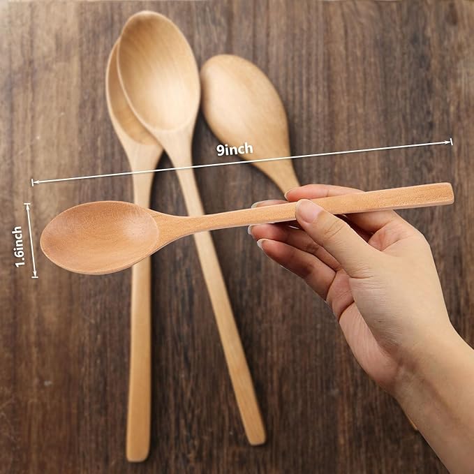 HAKSEN Wooden Spoons, 6PCS 9 Inch Wood Soup Spoons for Eating Mixing Stirring, Long Handle Spoon for Japanese Style Home Kitchen Cooking Stirring (Pack of 2)