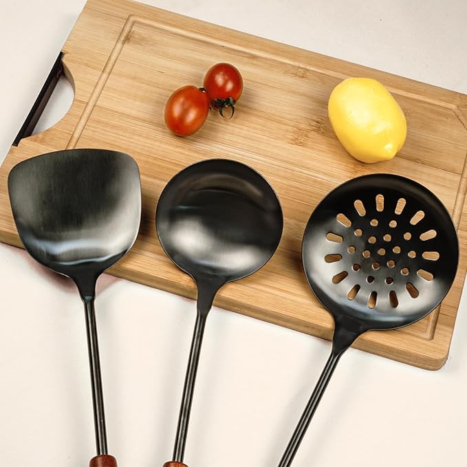 FJNATINH Wok Spatula and Ladle,Skimmer Ladle Tool Set, 17inches Spatula for Wok, 304 Stainless Steel Wok Spatula,Black