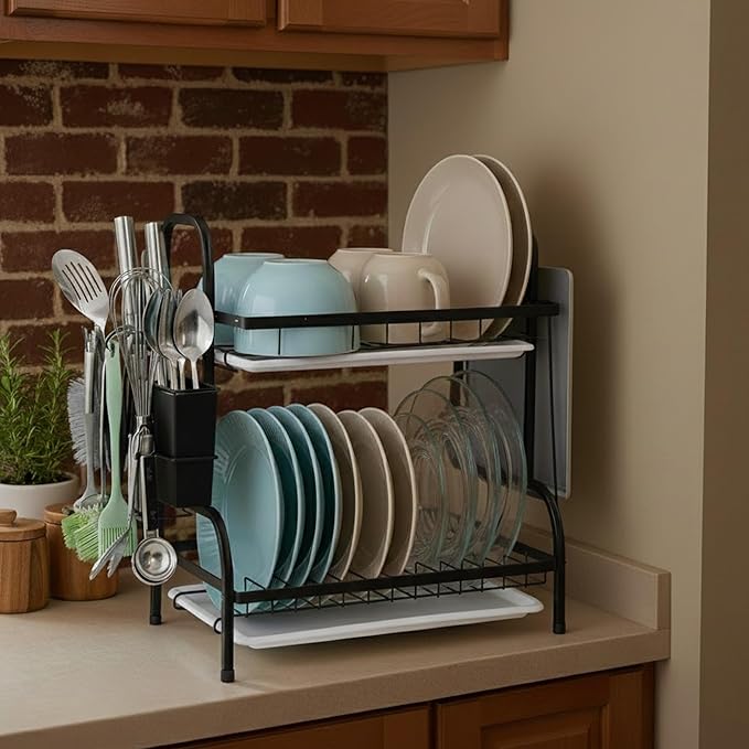 2 Tier Dish Drying Racks with Drain Tray,Stainless Steel Dish Racks for Kitchen Counter,Kitchen Sink Organizer for Dishes,Utensils& Fork Knives,Cutting Boards Storage