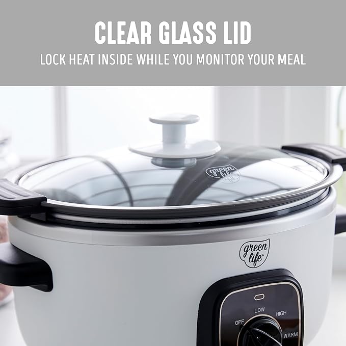 GreenLife 3.5QT Slow Cooker, PFAS-Free Non-Toxic Ceramic Nonstick Removable Interior Bowl, Programmable, Keep Warm, Stovetop & Oven Safe Pot, Dishwasher Safe Crock & Glass Lid, White