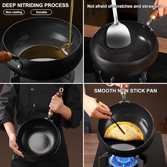 Carbon Steel Wok Pan, 10.2″ Woks & Stir-Fry Pans with wooden Lid Cookwares, Nonstick Wok Flat Bottom Small Handmade Chinese Wok For for All Stoves