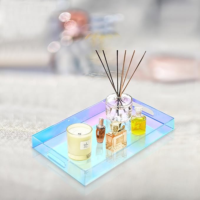 SetGame Acrylic Serving Tray with Handles, Bathroom Desktop Decorative Storage Arylic Trays, Simple Vanity Tray Food Tea Fruit Dinner Snack Tray for Bar Kitchen Party