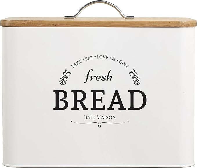 Extra Large White Farmhouse Bread Box for Kitchen Countertop - Breadbox Holder Fits 2+ Loaves - Bread Storage Container Bin - Rustic Bread Keeper Vintage Metal Kitchen Decor (White with Wood Lid)
