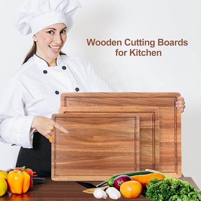 3 Pack Solid Acacia Wood Cutting Boards Set for Kitchen Meat Hardwood Chopping Board Decorative Large Charcuterie Boards Set Best Non Toxic Big Cutting Board Butcher Block Bread Serving Cheese Board