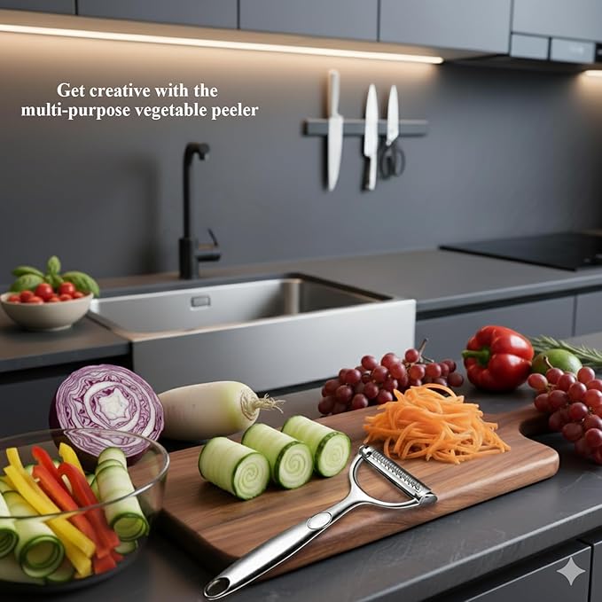 Stainless Steel Peeler and Shredder. With durable, rust-resistant steel blades and a comfortable handle, this multi-purpose tool helps you peel carrots, potatoes, and fruits faster (1 pcs).