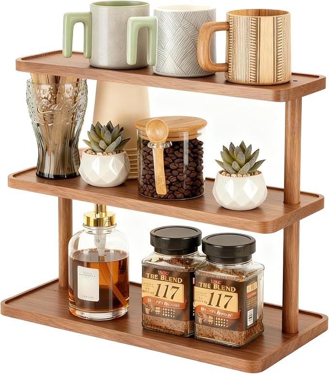 3-Tier Bamboo Mug Holder Countertop Coffee Station Organizer Spice Rack Shelf Mug Rack for Kitchen Cabinets