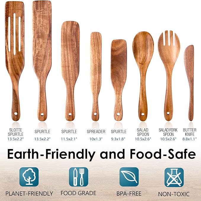 Wooden Spurtle Set, Spurtle Spatula, 8-Pcs Natural Acacia Wood Cooking Tools – Wooden Kitchen Utensils Set with Smooth Finish Comfort Grip, Nonstick Safe Non-Toxic Wood Cooking Spoons by HOWHONG