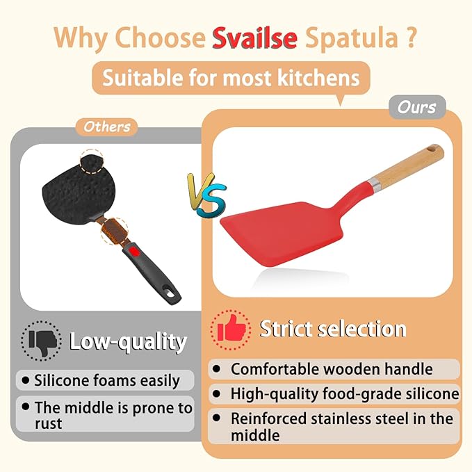 Silicone Spatula Turner, Heat Resistant Pancake Flipper Spatulas for Nonstick Cookware, Cooking Utensils with Wood Handle for Serving, Baking, Frying, Egg, Fish and Burger (1, Red)