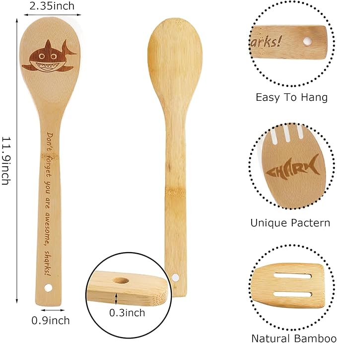 5PCS Shark Wooden Cooking Spoons Set Shark Gifts for Women Kitchen Decor Bamboo Cooking Utensil Spoons for Housewarming Wedding Anniversary Thanksgiving Christmas Gifts Mom Women