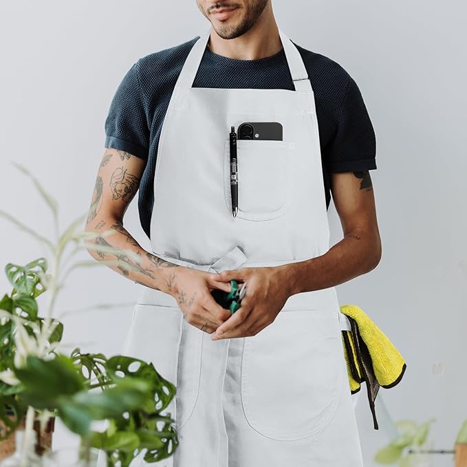 Unisex Apron with Pockets for Cooking, Salon & Art - 100% Cotton Adult Kitchen, Chef, Stylist Apron (White)