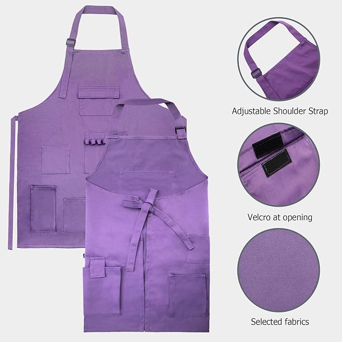 boshiho Adult Painting Aprons, Adjustable Buckle, Barber Apron with Pockets for Women/Men/Unisex, Utility or Work Apron (Purple)
